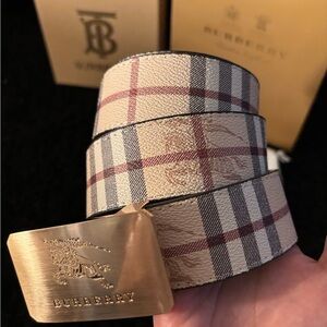 Burberry Reversible Monogram Motif Vintage Check Belt with Gold Buckle